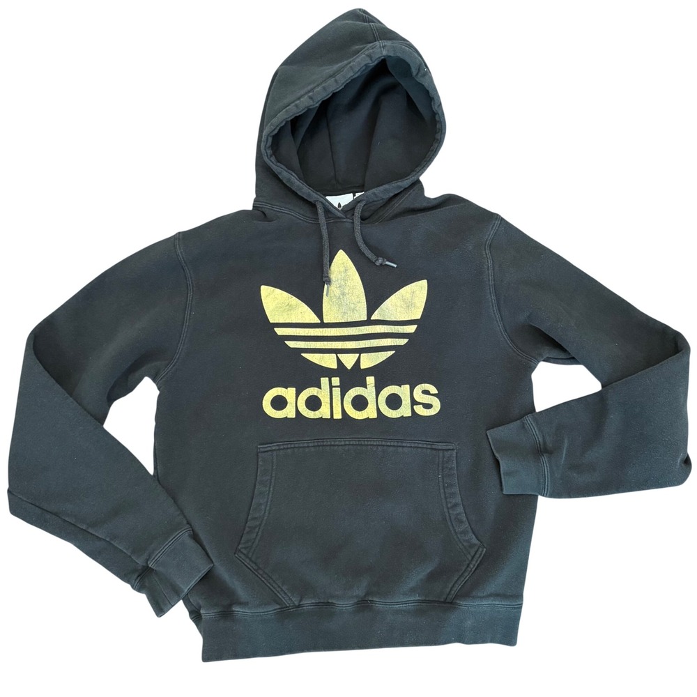 Adidas Originals Trefoil Hoodie Black Metallic Gold Logo Sz Small Pullover Y2K